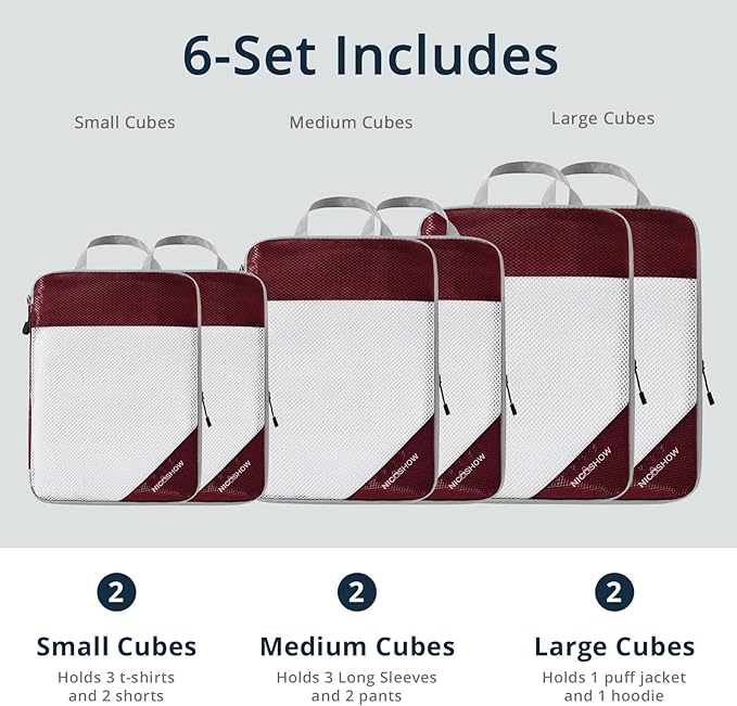 NICOSHOW 6 Set Compression Packing Cubes for Travel - Compressible, Lightweight, and Space-Saving Packing Cubes, Travel Essentials for Women, Wine