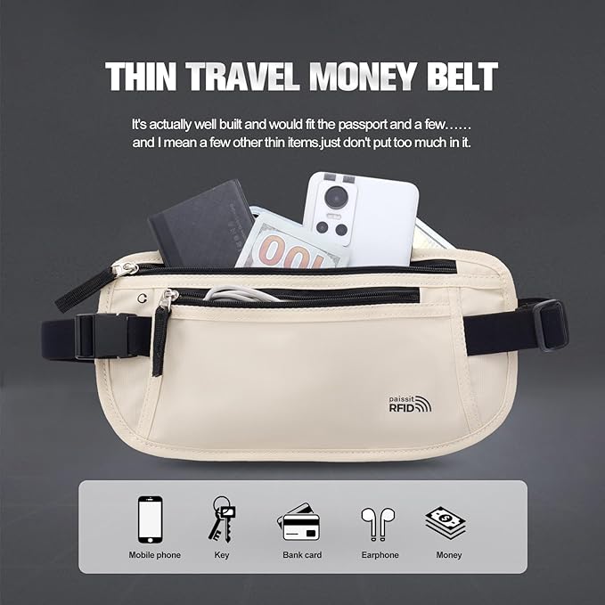 Unisex Money Belt For Men and Women, Slim Passport Holder RFID Blocking Travel Essentials Bags with Adjustable Strap Small Waist Pouch for Workout Running Travelling Hiking, Cream White