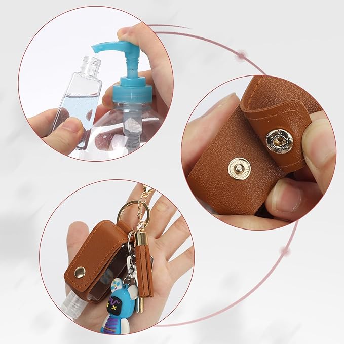 Unaone 1oz/30ml Hand Sanitizer Holder Travel Size, Empty Bottle Leather Sanitizer Holder with Keychain Portable Small Squeeze Bottle Refillable Container for Toiletry Lotion Liquid Soap Shampoo Brown