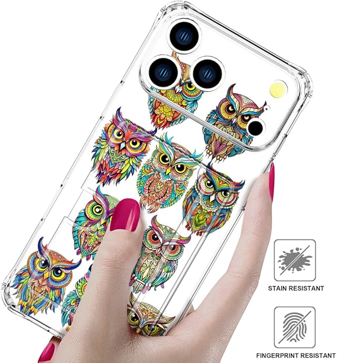 Compatible with iPhone 17 Pro Case Card Holder for Women Cute Design,Wallet Phone Cases Transparent Cool Kawaii Protective (Clear Colorful Owls Cartoon)