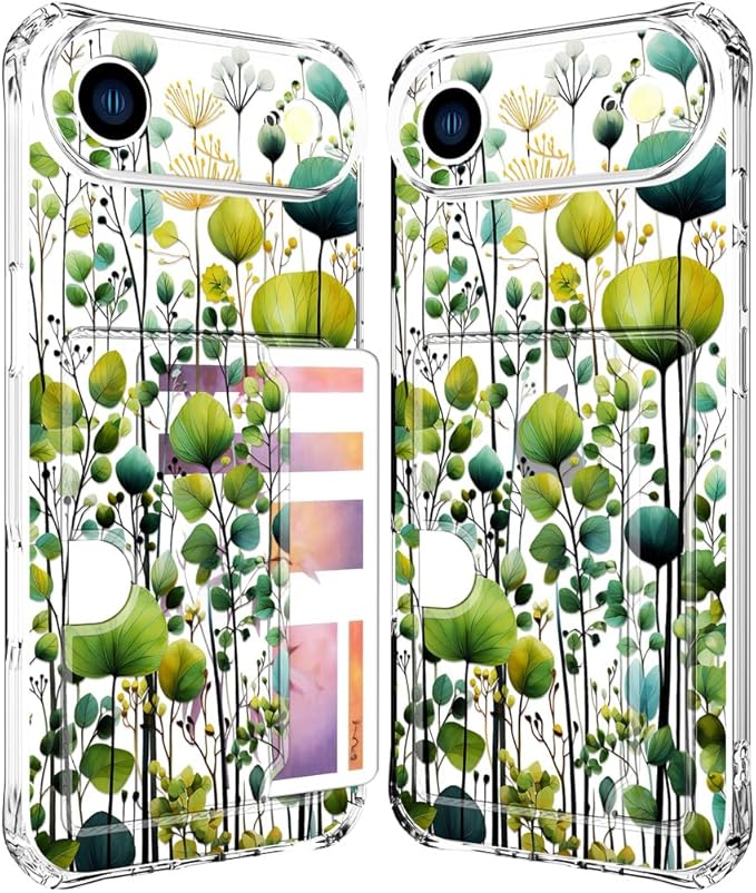 Compatible with iPhone 17 Air Case Card Holder for Women Cute Design,Wallet Phone Cases Transparent Cool Kawaii Protective (Clear Green Flower Leaves Buds)