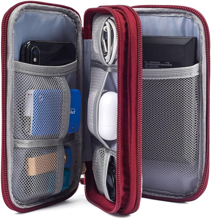 CAAORDKSO Electronic Organizer Travel Cable Accessories Bag, Case for Cable, USB, Cord, Charger, Phone, Power Bank, Earphone (Wine Red, Large)