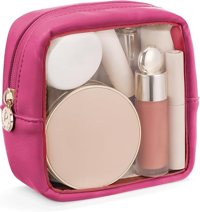 Pocmimut Clear Makeup Bag, Easy to Find Mini Makeup Bag for Purse, Travel Makeup Bag for Car, Compact Cosmetic Pouch for Daily Essentials,Hot Pink