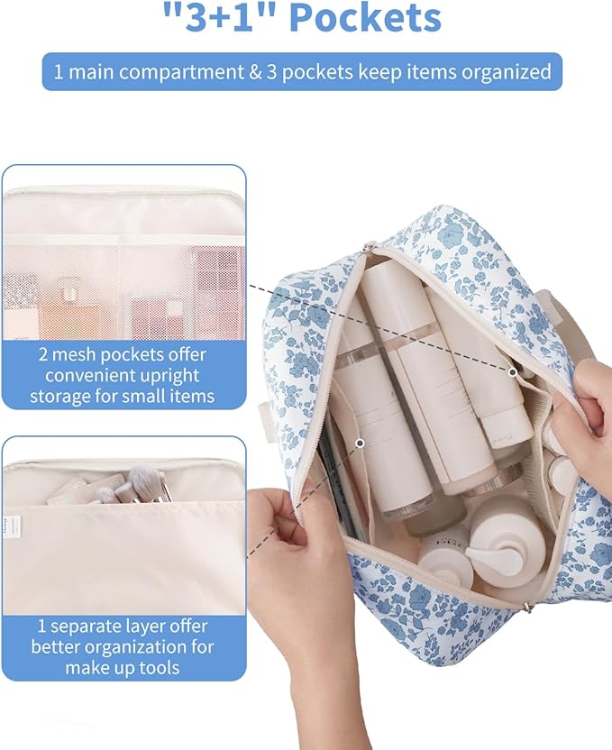 Narwey Full Size Toiletry Bag Women Large Cosmetic Bag Travel Floral Makeup Bag Organizer Medicine Bag for Toiletries Essentials Accessories (Blue Flower,Large)