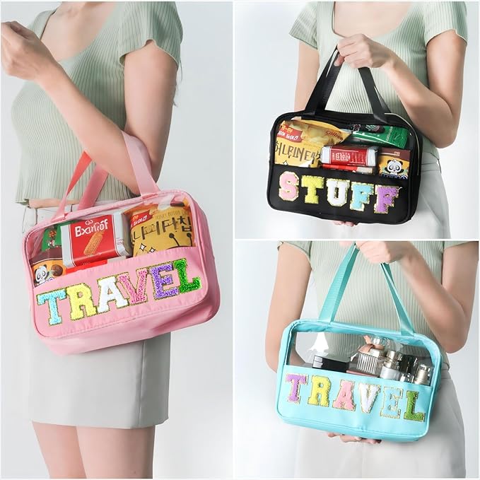 BuyCard Chenille Letter Patch Clear Travel Bags, Preppy PVC&Nylon Makeup Bag with Handle and Zipper, Waterproof Large Clear Travel Toiletry Bag Storage Bag for Women Girls