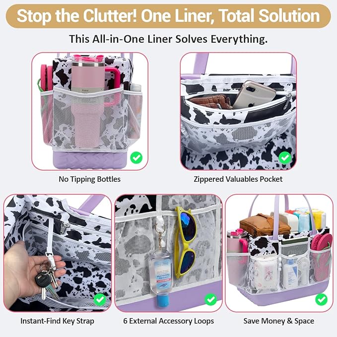 Nyton Custom Fit Organizer Bag Insert for Bogg Bag Inner Liner Pouch for Original Large XL Rubber Tote Zippered Organizer with Pockets for Beach Travel Sports Mom (BLACK WHITE COW, LARGE)