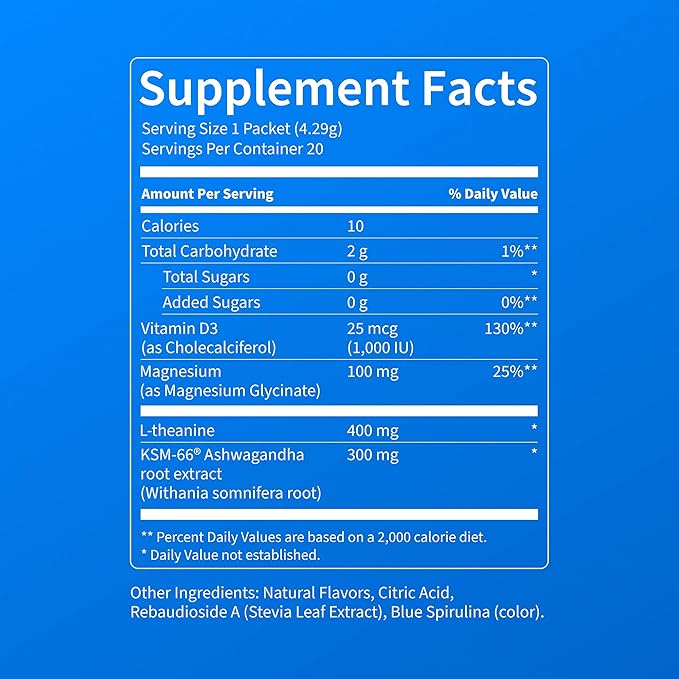 Nello Supercalm Drink Mix with Magnesium Glycinate, KSM 66 Ashwagandha, Vitamin D3 and L Theanine, Calm Powder Supplements for Relaxation Support, No Sugar, Travel Packets, 20 Ct, Blue Coconut