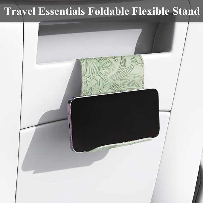 Airplane Travel Essentials for Flying Flex Flap Cell Phone Holder & Flexible Tablet Stand for Desk, Bed, Treadmill, Home & in-Flight Airplane Travel Accessories(1-Carved Green2)