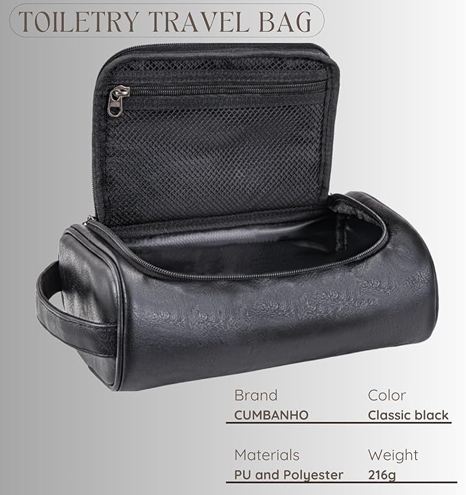 Mens Toiletry Bag,Compact Dopp Kit for Men Travel, PU Leather Shaving Kit, Water-Resistant Minimalist Organizer with Wrist Strap,Travel Toiletry Bag, Gift for Men,Large 10x6.5x4"Classic Black