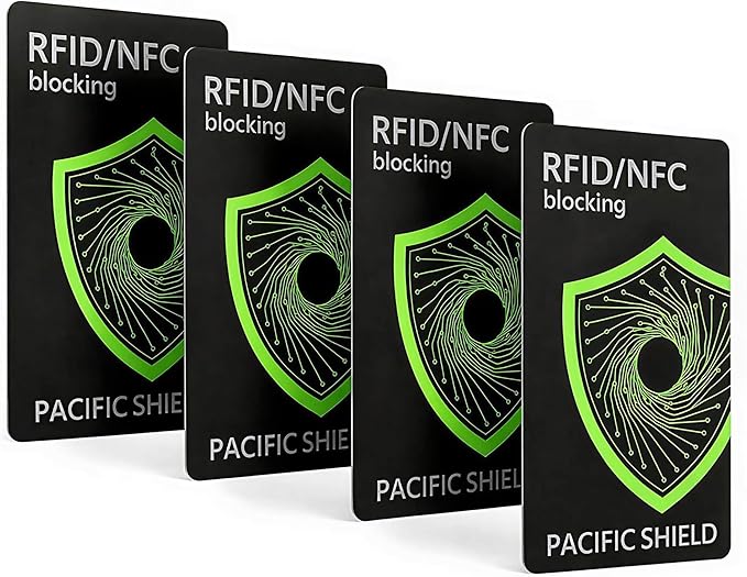 PACIFIC SHIELD RFID Blocking Card (4 Pack) - Secure your Wallet - Premium Protector for Credit Card, Debit Card, ID and Passport - NFC Blocker Travel Defender