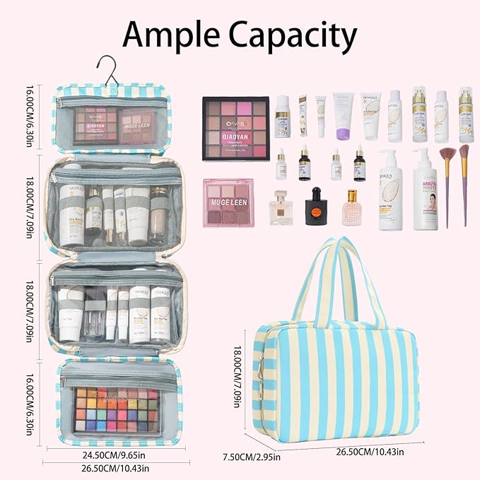 Toiletry Bag for Women Travel Water-resistant Cosmetic Bag Fashion Stripes Makeup Bag with Hanging Hook Preppy for Store Toiletries Cosmetic Accessories Medium Blue