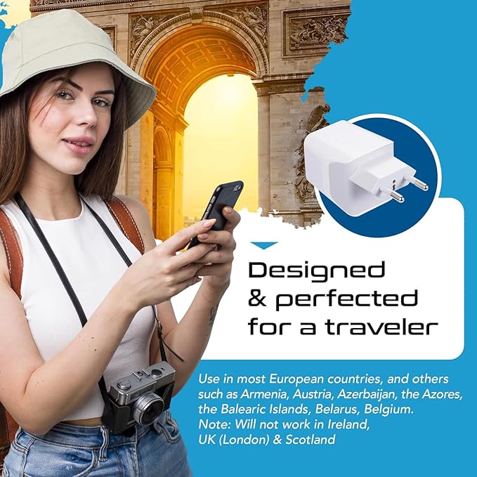 Ceptics European, Egypt Travel Adapter Plug with Dual USB - Type C - Europe - Usa Input - Light Weight - Perfect for Cell Phones, Chargers, Cameras and More - 2 Pack