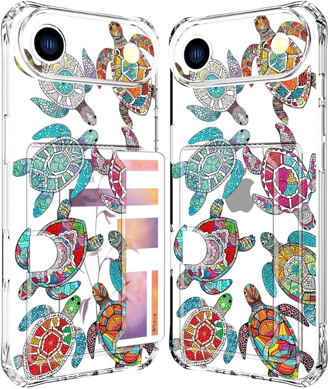 Compatible with iPhone 17 Air Case Card Holder for Women Cute Design,Wallet Phone Cases Transparent Cool Kawaii Protective (Clear Sea Turtles Animal Tribal)