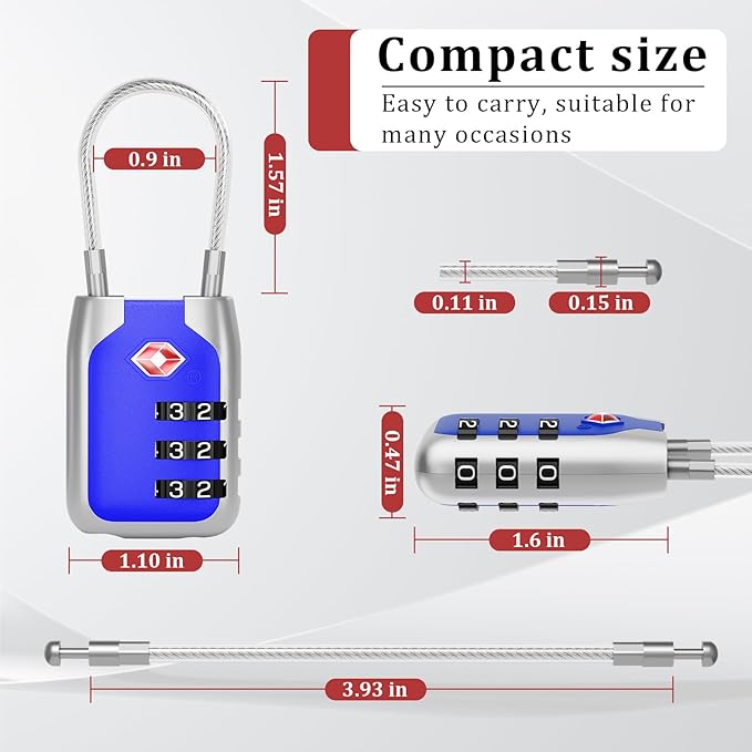 Joyway TSA Approved Luggage Lock, 3 Digit Combination Cable Lock with Alloy Body, Travel Combination Locks for Suitcases, Backpack and Golf Bag (Blue, 2Pack)