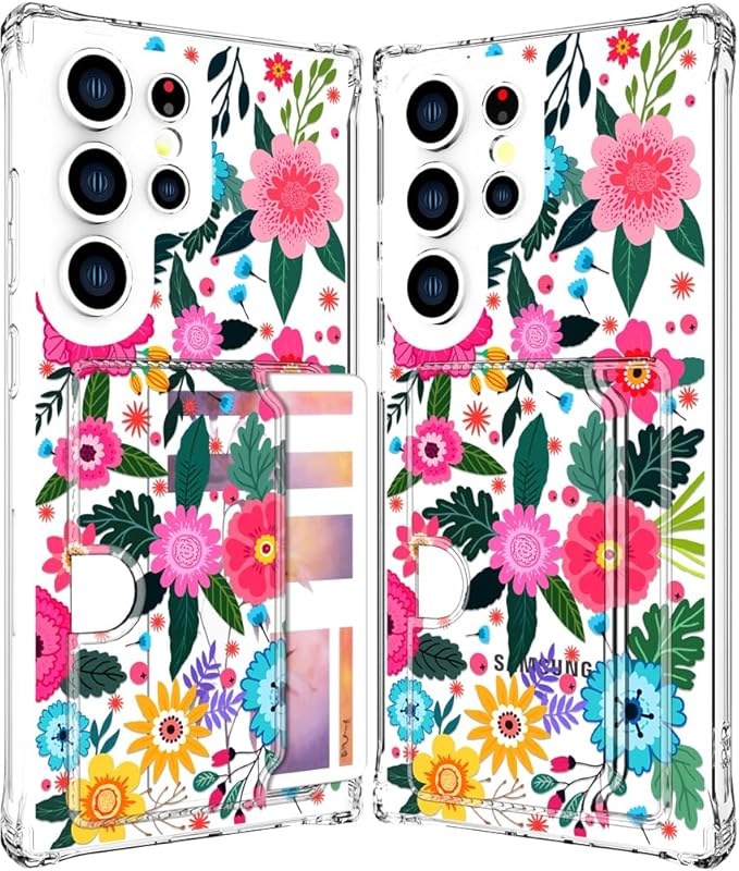 Compatible with Samsung Galaxy S24 Ultra Case Card Holder for Women Cute Design,Wallet Phone Cases Transparent Cool Kawaii Protective (Clear Floral Spring Blossom)