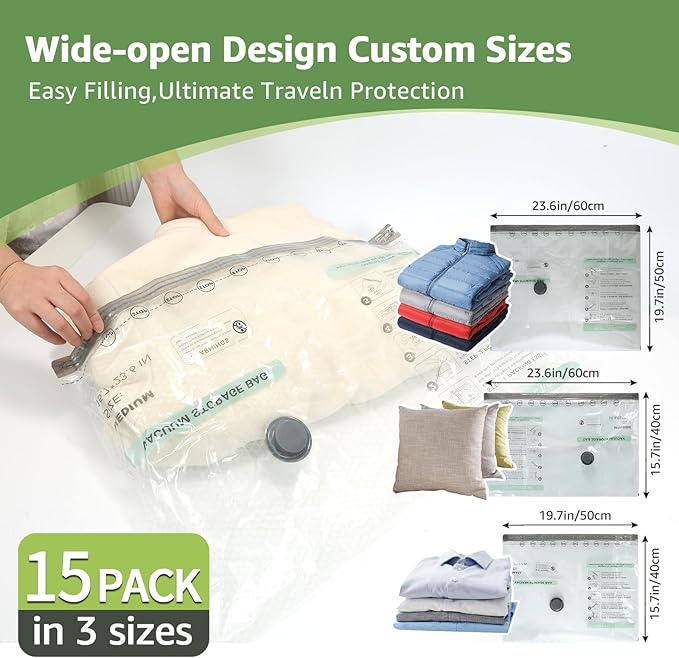 15 Packs Vacuum Bags for Travel with Rechargeable air Pump, 3 Sizes Vacuum Seal Bags for Clothing, Space-Saving Compression Storage Bags for Travel & Closet Organization