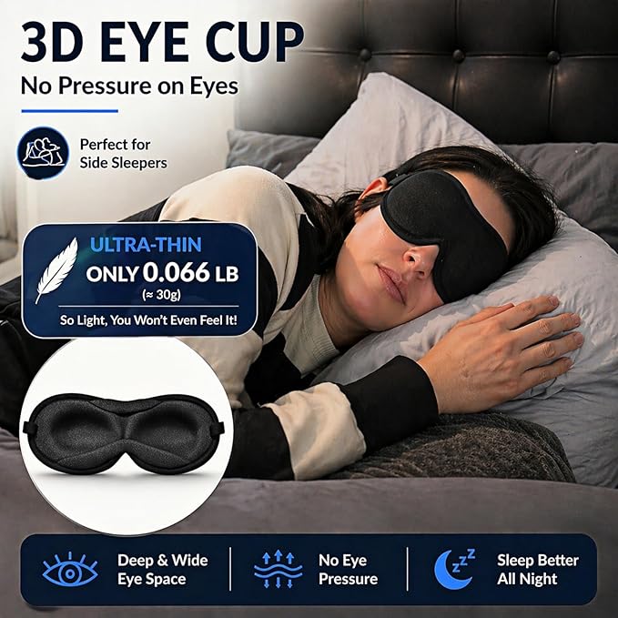 Ultra-Thin 3D Sleep Mask for Side & Back Sleepers, 100% Light Blocking Eye Mask for Sleep, Zero Pressure, Soft & Breathable Night Blindfold for Men & Women, Travel & Plane (Black)