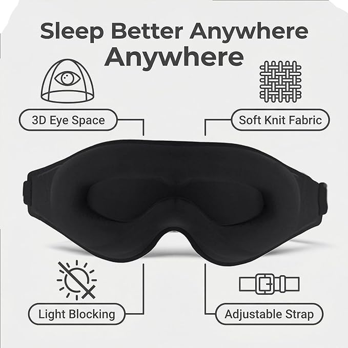 2 Pack Sleep Masks Black 3D Contoured Grooves Eye Mask for Sleeping Light Blocking Women Men Naps Travel Daily Rest