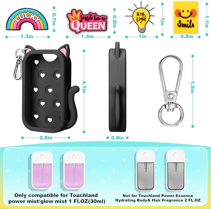 Juome Silicone Case for Touchland Hand Sanitizer Spray with Keychain & Charms, Cat Protective Holder Compatible with Touchland Power Mist & Glow Mist 1 FL Oz/30ML,Travel Cover Sleeve Accessory (Black)