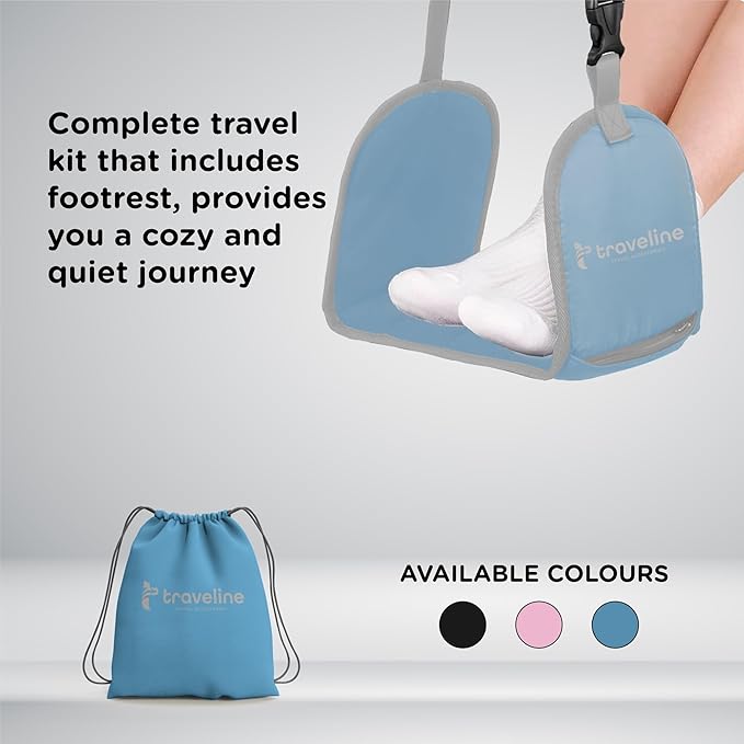 Airplane Foot Hammock – Memory Foam Travel Footrest with Rigid Base, Adjustable Strap for Long Flights & Travel Comfort (Blue)