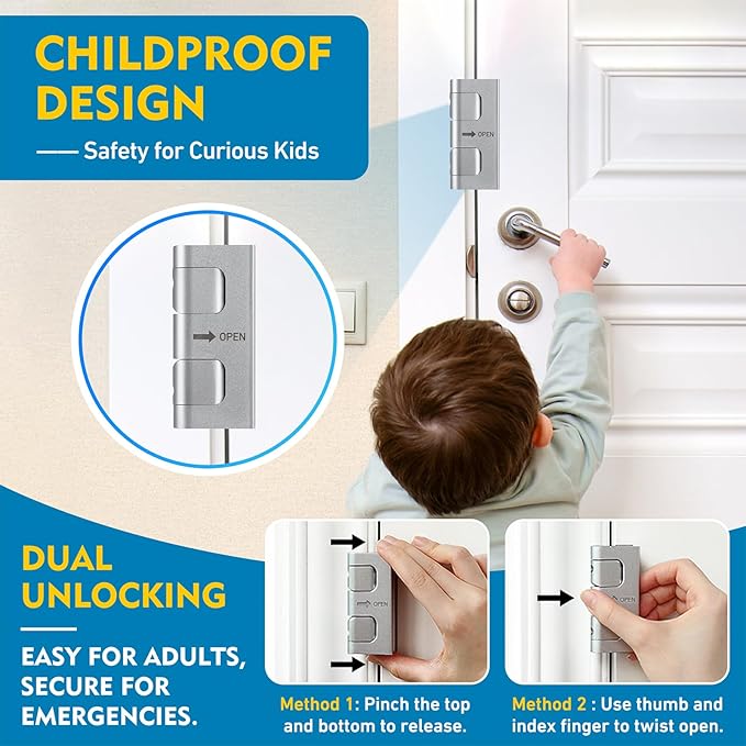 4 Pack 800 lbs Door Reinforcement Lock – Child Proof & Anti-Kick Security Locks for Whole Home Safety – Easy Install Anti-Kick Lock for Inward Doors – Prevents Forced Entry & Unauthorized Access