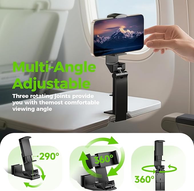 Airplane Phone Holder, Foldable Phone Holder for Airplane Seat Back Luggage Pole Desk 360° Rotation for Multi-Directional Viewing, Travel Essentials Holds Cell Phones (Black 2pcs)
