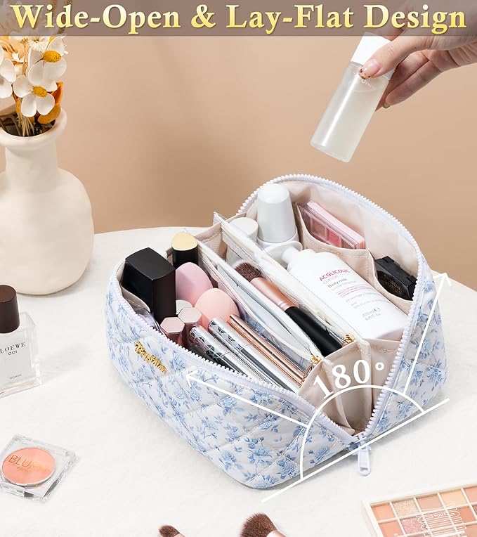 Travel Makeup Bag, 3 Pcs Large Capacity Puffy Toiletry Bag for Women, Open Flat Make up Cosmetic Organizer w/Handle & Clear Divider Water-resistant Portable Pouch Travel Essentials, M-Blue Floral