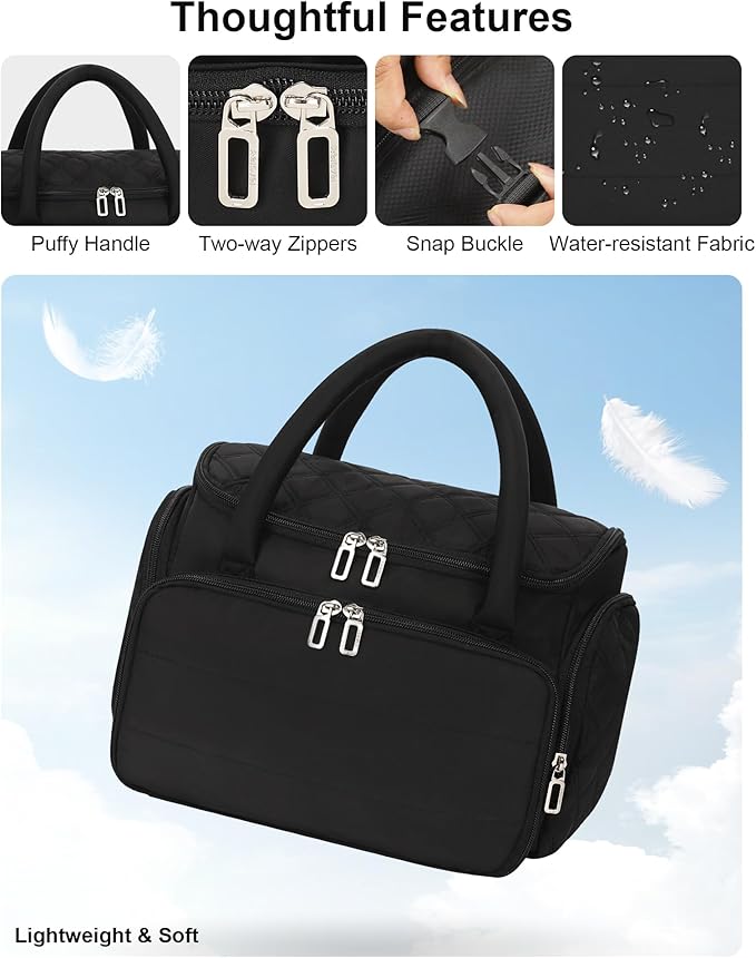 Hanging Toiletry Bag for Women - Travel Makeup Organizer with Brush Compartment, Portable Cosmetic Case with Removable Dividers for Full-Size Container, Lightweight Travel Bag for Trip - Black