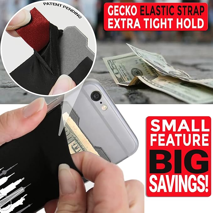 Phone Wallet - Adhesive Card Holder - Cell Phone Pouch - Stick on Lycra Pocket by Gecko - Carry Credit Cards and Cash