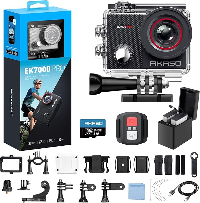 AKASO EK7000 Pro 4K30fps Action Camera with 64GB MicroSDXC U3 Memory Card Accessories Kit Bundle Ultra HD 131FT Waterproof Camera EIS WiFi Remote Control 5X Zoom Underwater Camera