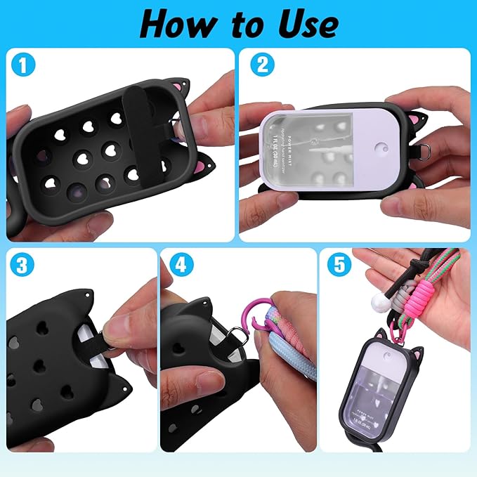 Juome Hand Sanitizer Spray Case for Touchland with Adjustable Keychain Lanyard & Charms, Cat Silicone Protective Holder for Touch Land Mist Case 1FL. OZ, Travel Cover Sleeve Accessory - Black