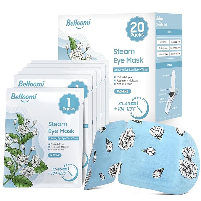 BeHoomi 20Packs Steam Eye Mask, Heated Eye Mask Warm Compress for Eyes, Disposable Self Heating Steam Mask for Home, Sleep, Spa, Travel Essentials & Relaxation Gifts, Valentine's Day Gifts (Jasmine)