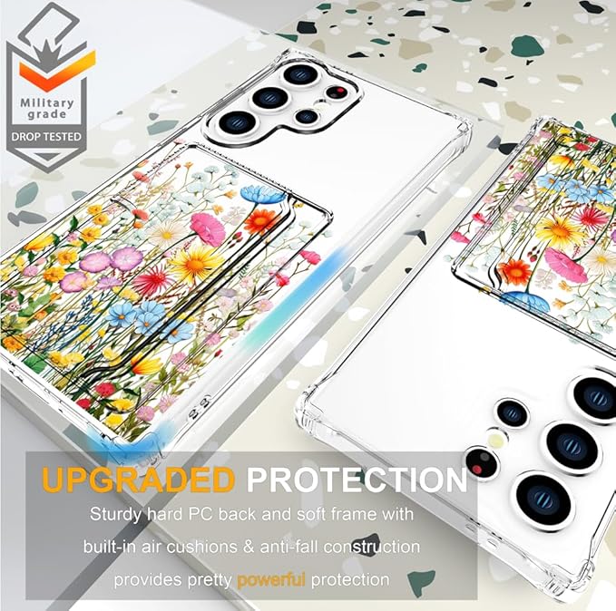 Compatible with Samsung Galaxy S24 Ultra Case Card Holder for Women Cute Design,Wallet Phone Cases Transparent Cool Kawaii Protective (Clear Flowers Herbs Wild Plants)