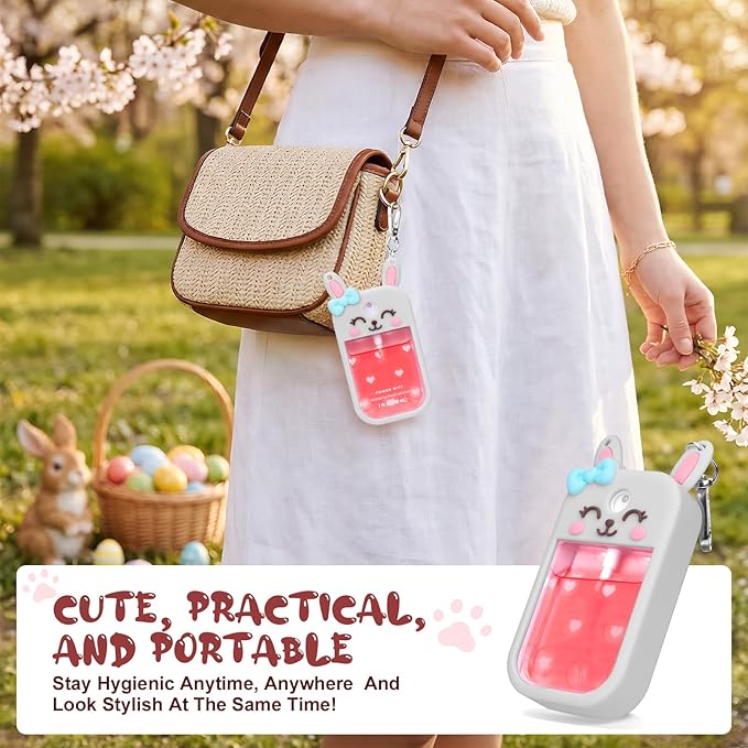 Metyond Rabbit Silicone Case for Touchland Hand Sanitizer Spray with Keychain, Compatible with Power Mist or Glow Mist 1 FL OZ/30ML for Touchland Case, Cute Travel Case for Easter Gifts (1 Pcs Gray)