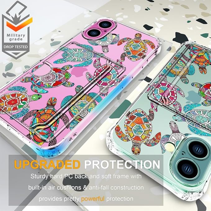 Compatible with iPhone 16 Plus Case Card Holder for Women Cute Design,Wallet Phone Cases Transparent Cool Kawaii Protective (Clear Sea Turtles Animal Tribal)