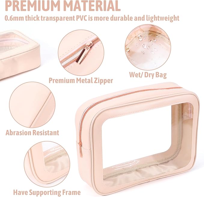 YOPCDJ 5PCS Clear Toiletry Bag,TSA Approved Travel Makeup Pouch with Zipper for Cosmetics and Toiletries，Diaper Bag Organizer Pouch Set，Women's Purse Organizer and Clear Car Bag