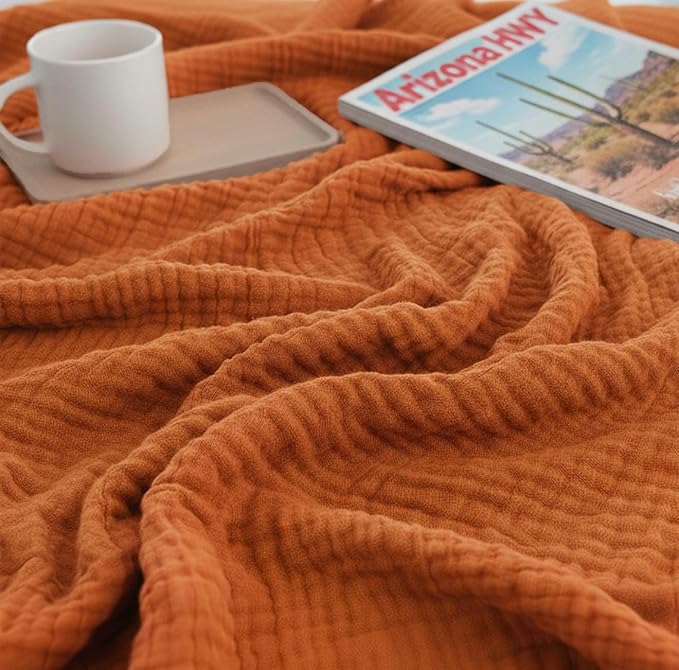 KyraHome 100% Cotton Throw Blankets for Adults, 60"x80" Muslin Blankets for Couch, Picnic, Plant-Dyed, Lightweight Breathable Blanket, All Season, (Terracotta/Burnt Orange)