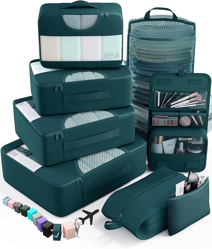 Veken 8 Set Packing Cubes for Travel Essentials, Suitcase Organizer Bags in 4 Sizes, Carry-On Luggage Accessories with Large Laundry Bag & Passport Holder, Must-Have for Airplane, Road Trip & Camping