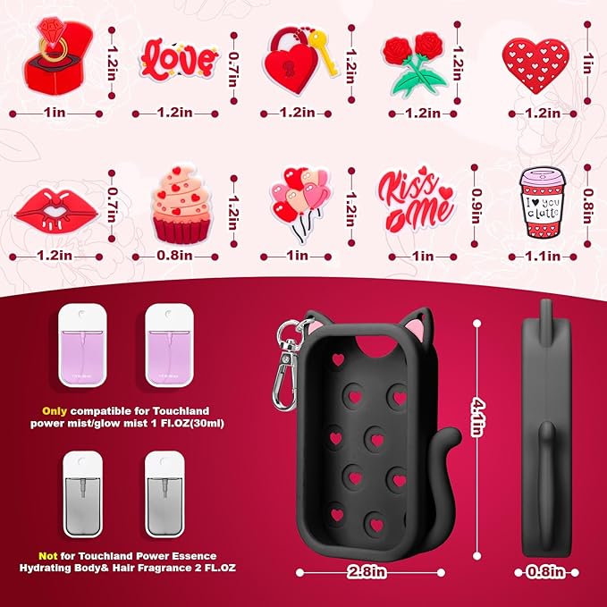 Juome 2 Pack Valentine Silicone Case for Touchland Hand Sanitizer Spray with Keychain & Charms, Cat Protective Holder Compatible with Touch Land Mist Case 1FL. OZ, Valentines Day Gifts for Her/Him