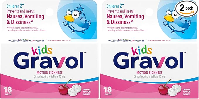 Gravol Kids Chewable Tablets for Nausea, Upset Stomach and Motion Sickness Relief, Dye Free, Cherry Flavor, Age 2 to 12, 18ct (Pack of 2)