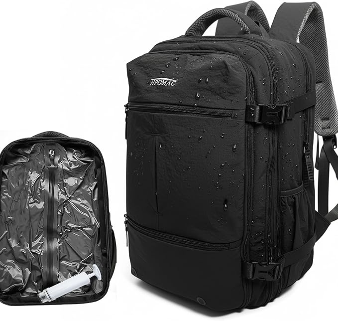 Vacuum Compression Backpack for Travel, Carry-On Backpack with Vacuum System & Pump, Packs Like 55L for 5-7 Day Trips, Fits 17" Laptop, Water-Resistant Business Travel Backpack for Men/Women