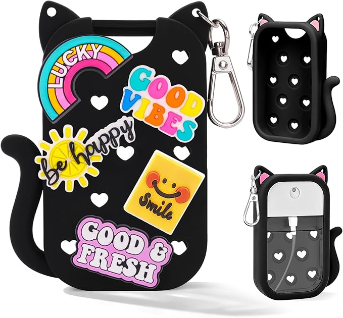 Cat Silicone Case for Touchland Hand Sanitizer Spray with Keychain&Charms,Compatible with Power Mist & Glow Mist 1 FL Oz/30ML for Touchland Case,Cute Travel Cover Sleeve Accessory (Black Cat)