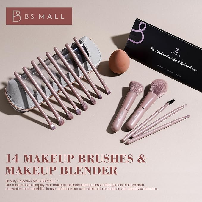 BS-MALL 14 Pcs Makeup Brushes Set with 1 Pcs Makeup Sponge – Essential Foundation Powder Concealers, Eye Shadows, Blush Makeup Brushes with Travel Makeup Case (Brown)