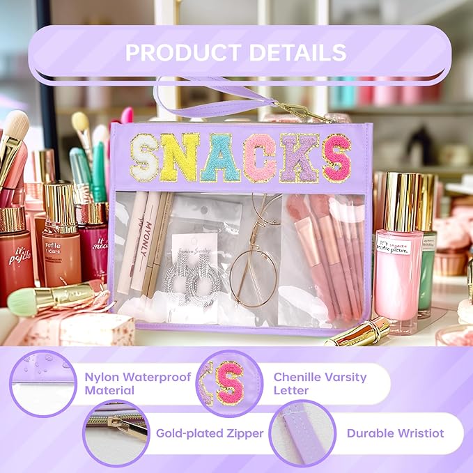 Siwara Snack Bags Clear Pouch Travel Makeup Bag Chenille Letter Bags for Zipper Pouch Clear Cosmetic Bag Clearly Tote Bag Makeup Travel Bags for Women