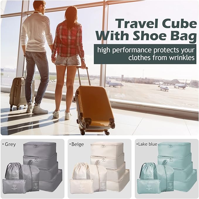 Chumia 21 Set Packing Cubes Back to School Travel Clothes Luggage Suitcases Organizer Trip College Dorm Toiletry Shoes Bag(Beige, Gray, Lake Blue)