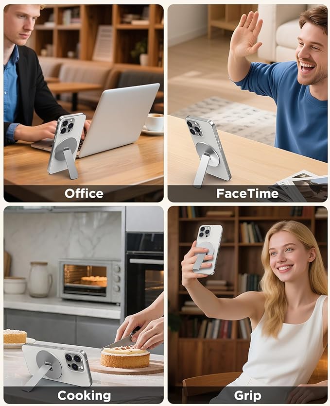 Magtame Magnetic Phone Stand Grip for Magsafe, Utral-Thin Snap-on Phone Kickstand, Holder & Grip, Foldable & Adjustable for Hands-Free Viewing | Compatible with Phone 16 15 14 13 12 Pro,Silver