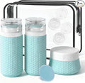 Travel Bottles for Toiletries 2oz 60ml 2 Pack + Cosmetic Jar 40ml 1.35oz Luxury Leather Pattern, Anti-slip Silicone Premium Refillable Bottle Set with Facial Brush for Gym Men Women, Blue