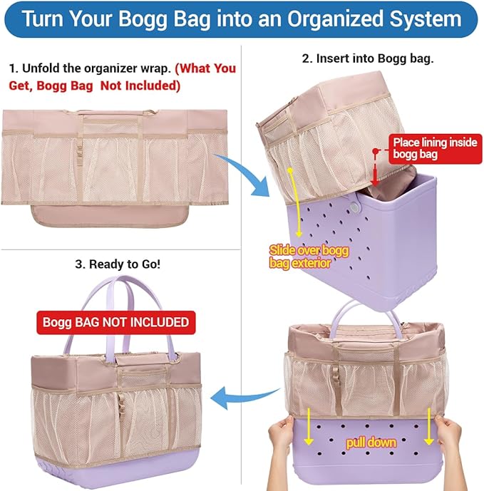 Beach Bag Organizer Compatible with Xl Large Bogg Bag Accessories 9 External Storage Mesh Pockets and Quick-Access Liner 8 Internal Pockets Zipper Pocket for Valuables Water-Resistant Durable Foldable