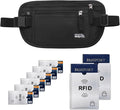 Small Unisex Money Belt For Men and Women, Slim Passport Holder RFID Blocking Travel Essentials Pouch with Adjustable Strap Small Waist Pouch for Workout Running Travelling Hiking, Black & 8 Sleeves