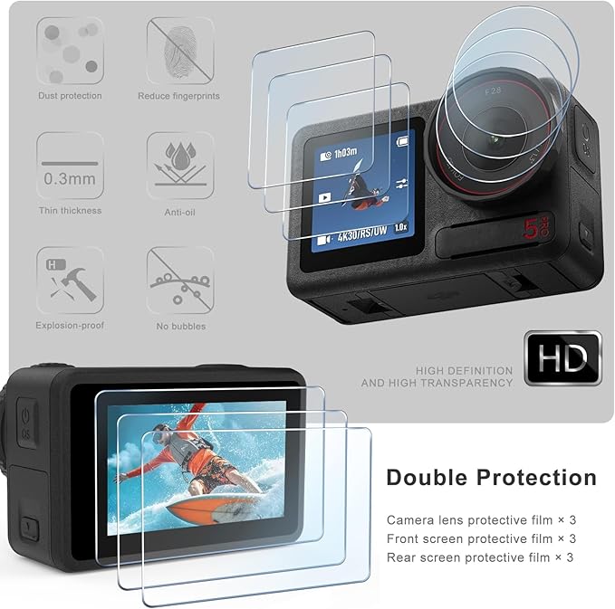 FiTSTILL Tempered Glass Screen Protector with Silicone Lens Cap for DJI Osmo Action 5 Pro,Ultra HD 9H Hardness,Scratch Resistant Bubble Free Action 5Pro Accessories